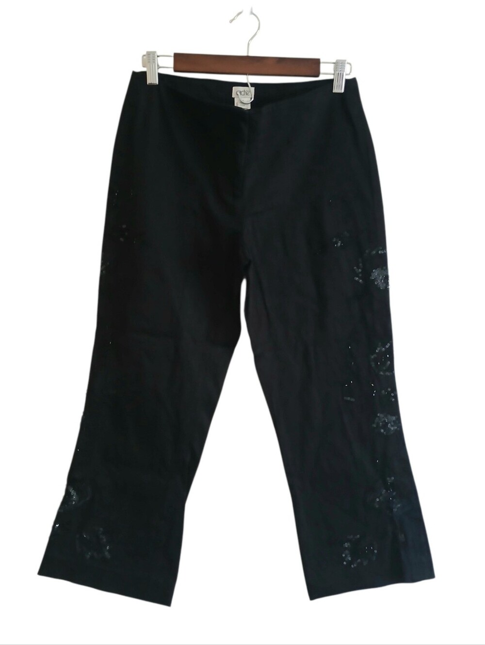 VINTAGE Y2K CACHE Embellished Crop Flare Pants Women's 4 Sequin Stretch Black